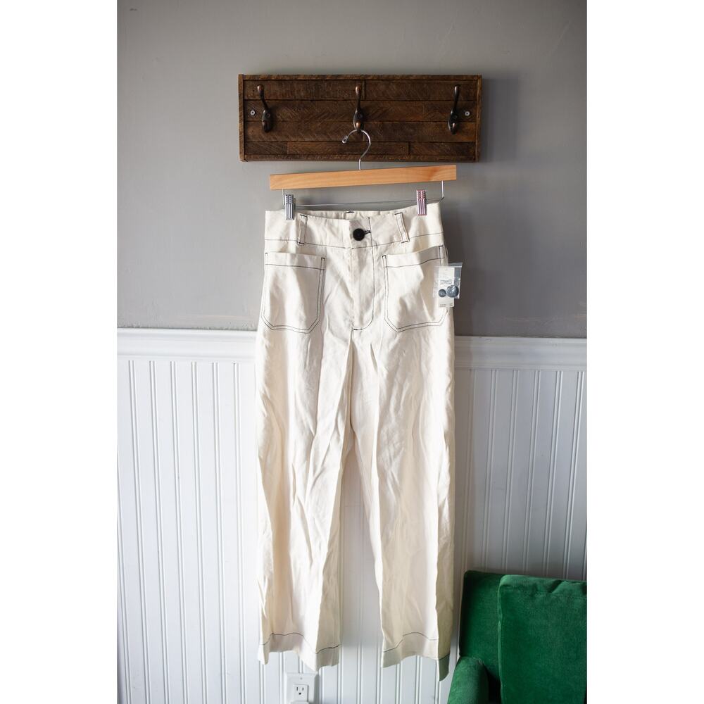 Anthropologie Colette Cropped Wide-Leg Pants Contrast-Stitch Linen SIZED WRONG